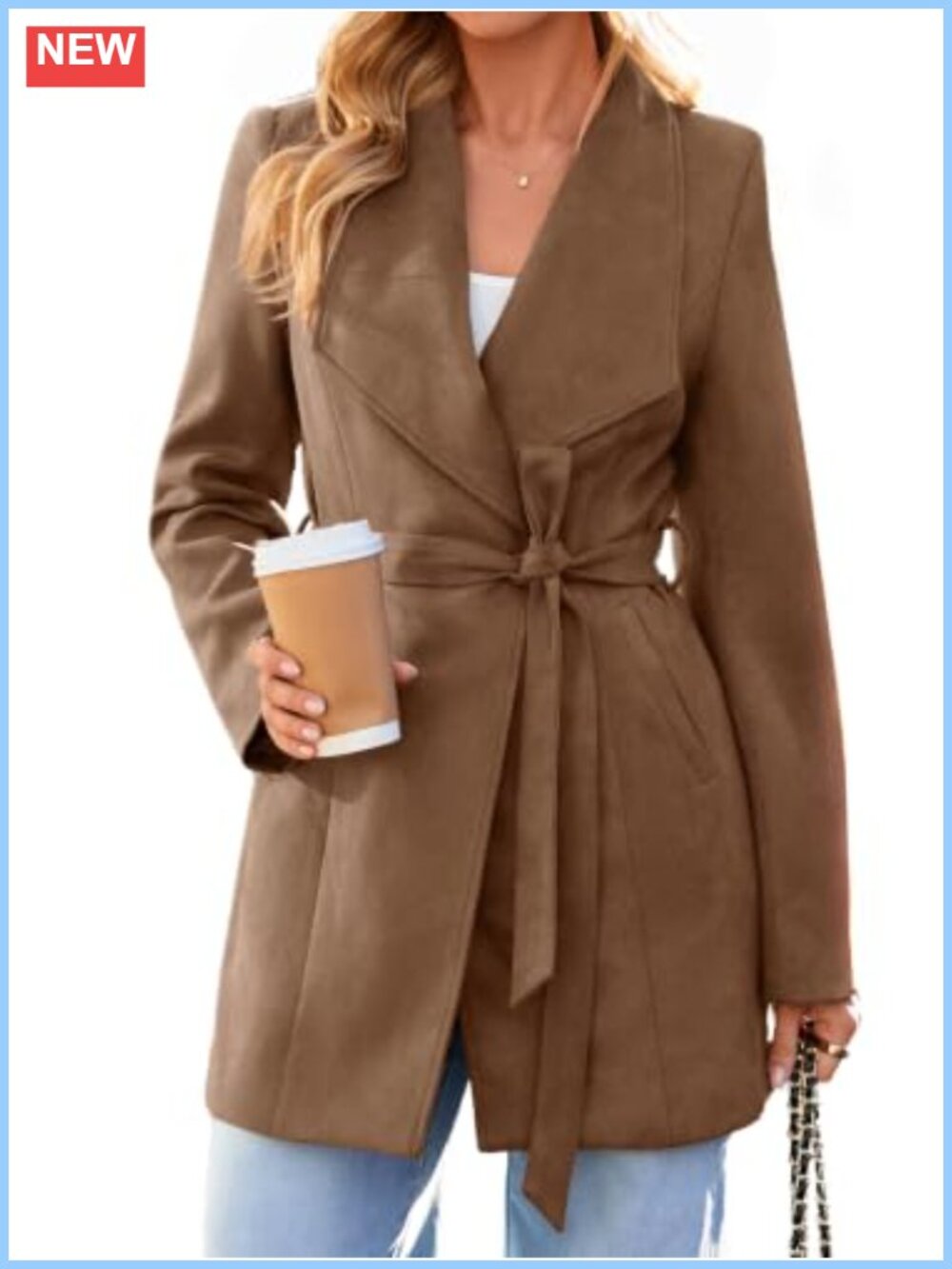 Faux Suede Trench Coat with Belt, Long Sleeve, Open Front, Pockets for Fall
